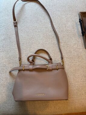 Tahari Taupe Pebbled Leather Satchel with Gold-Tone Accents